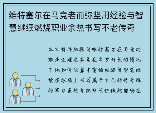 维特塞尔在马竞老而弥坚用经验与智慧继续燃烧职业余热书写不老传奇 维特塞尔在马竞老而弥坚用经验与智慧继续燃烧职业余热书写不老传奇