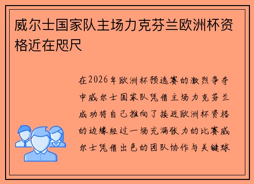 威尔士国家队主场力克芬兰欧洲杯资格近在咫尺 威尔士国家队主场力克芬兰欧洲杯资格近在咫尺